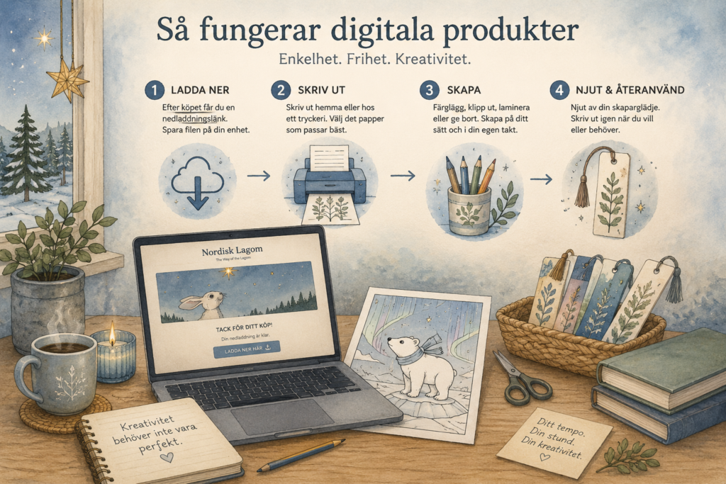 Illustrerad arbetsyta i nordisk akvarellstil som visar hur digitala produkter används – från nedladdning och utskrift till kreativt skapande och färdiga bokmärken.