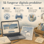 Illustrerad arbetsyta i nordisk akvarellstil som visar hur digitala produkter används – från nedladdning och utskrift till kreativt skapande och färdiga bokmärken.