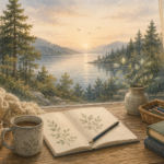 Nordisk akvarellillustration med anteckningsbok, te och levande ljus vid ett fönster med utsikt över sjö, skog och berg – en bild som symboliserar lugn, kreativitet och The Way of the Lagom.