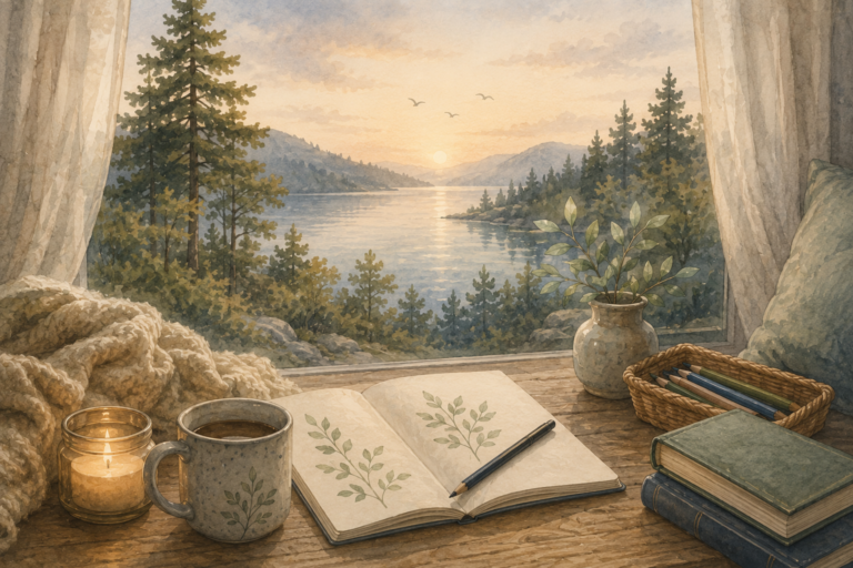 Nordisk akvarellillustration med anteckningsbok, te och levande ljus vid ett fönster med utsikt över sjö, skog och berg – en bild som symboliserar lugn, kreativitet och The Way of the Lagom.