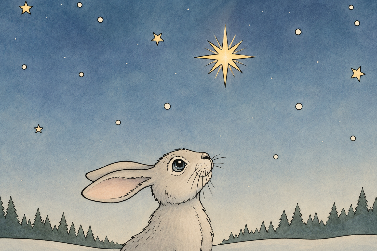 Lugn vinterillustration i mjuka akvarellfärger där en hare blickar upp mot stjärnorna över ett snötäckt nordiskt landskap.