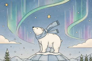 Isbjörn i nordiskt vinterlandskap med norrsken – illustration för blogginlägget Varför heter det Nordisk Lagom.