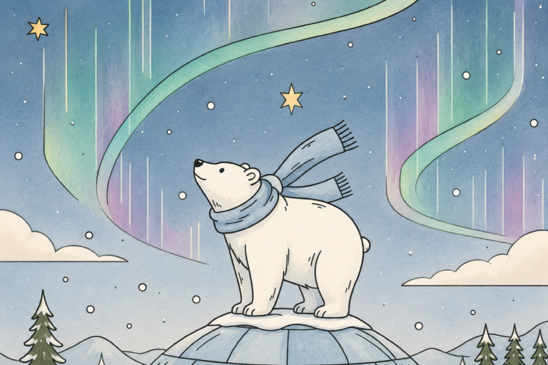 Isbjörn i nordiskt vinterlandskap med norrsken – illustration för blogginlägget Varför heter det Nordisk Lagom.