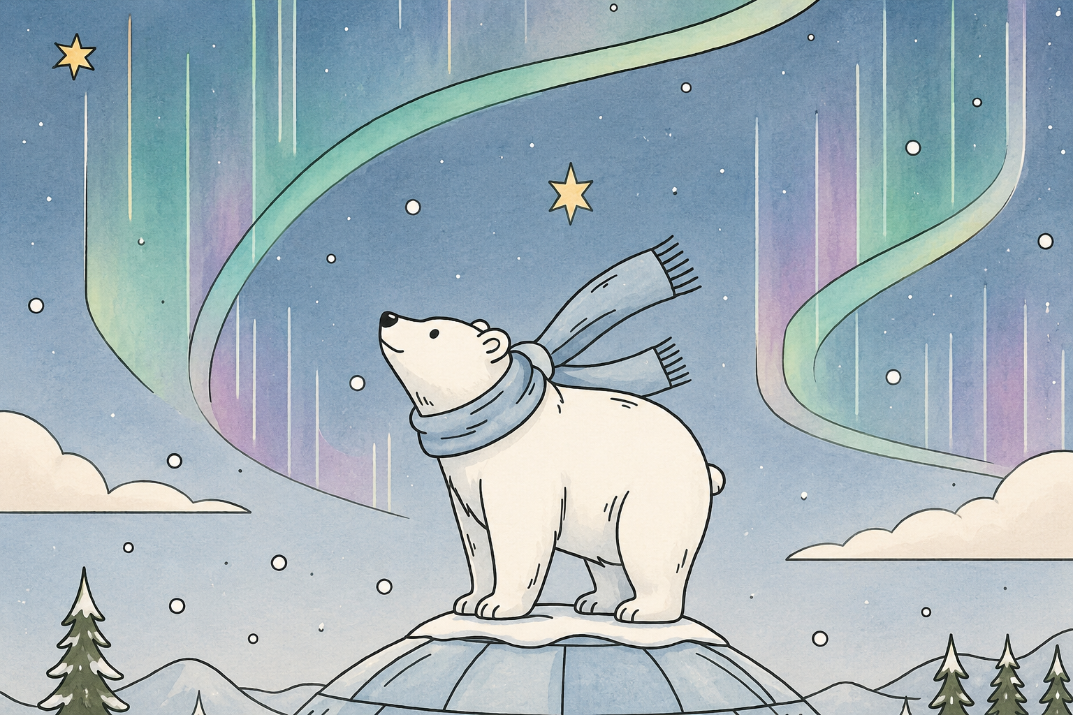 Isbjörn i nordiskt vinterlandskap med norrsken – illustration för blogginlägget Varför heter det Nordisk Lagom.