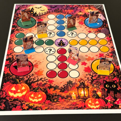 Fia med Bus Halloween, utskrivet brädspel med färgglad spelplan och stående papperspjäser med söta Halloweenfigurer.