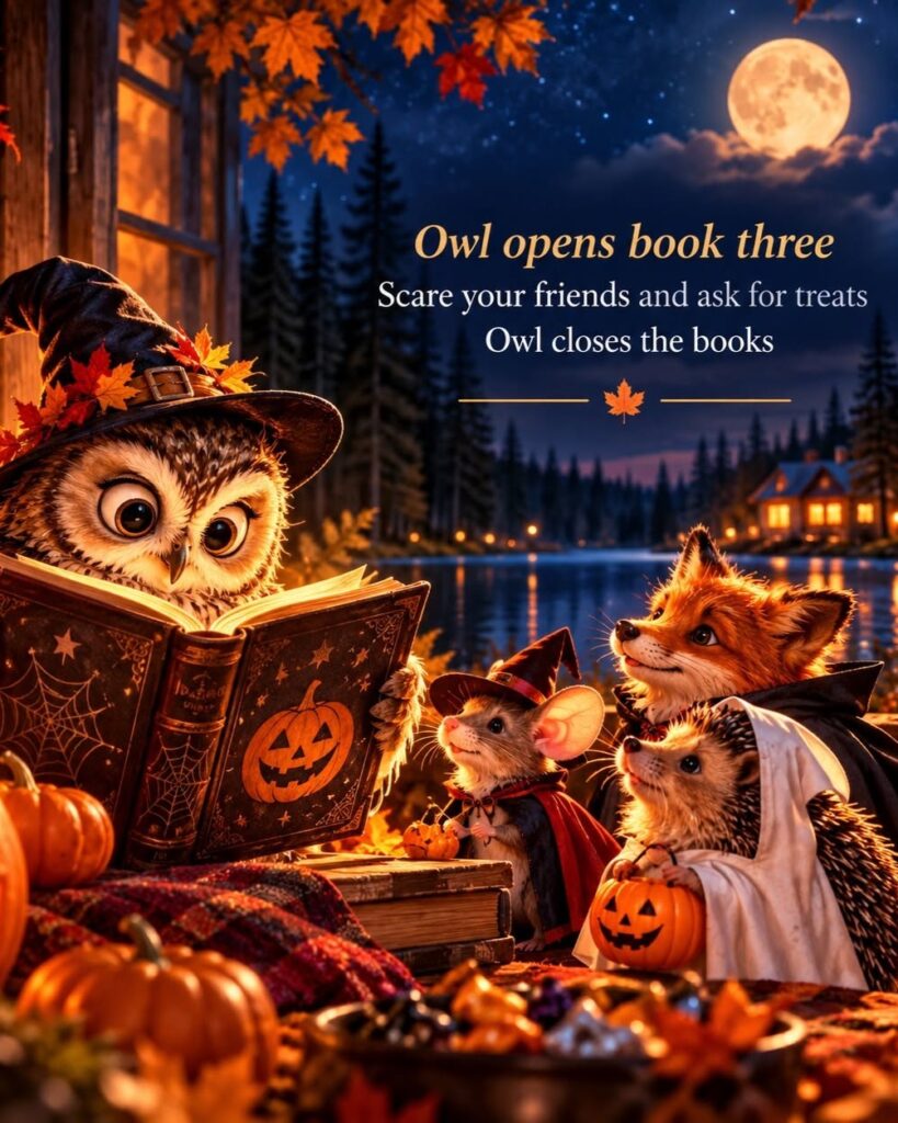 Uggla med häxhatt läser en Halloweenbok för en räv, mus och igelkott vid en stämningsfull sjö i månsken. Bilden innehåller en humoristisk haikudikt ur The Swedish Woods attempt Halloween.