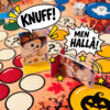 Fia med Bus Halloween med en uggla som knuffar omkull en spökpjäs och pratbubblorna Knuff och Men hallå.