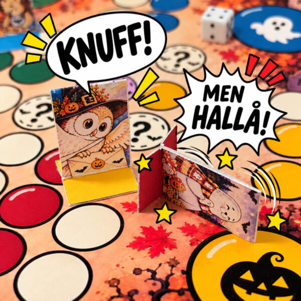 Fia med Bus Halloween med en uggla som knuffar omkull en spökpjäs och pratbubblorna Knuff och Men hallå.