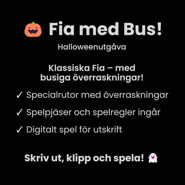 Fia med Bus Halloweenutgåva, digitalt Fia-spel med specialrutor, utskrivbara spelpjäser och spelregler.