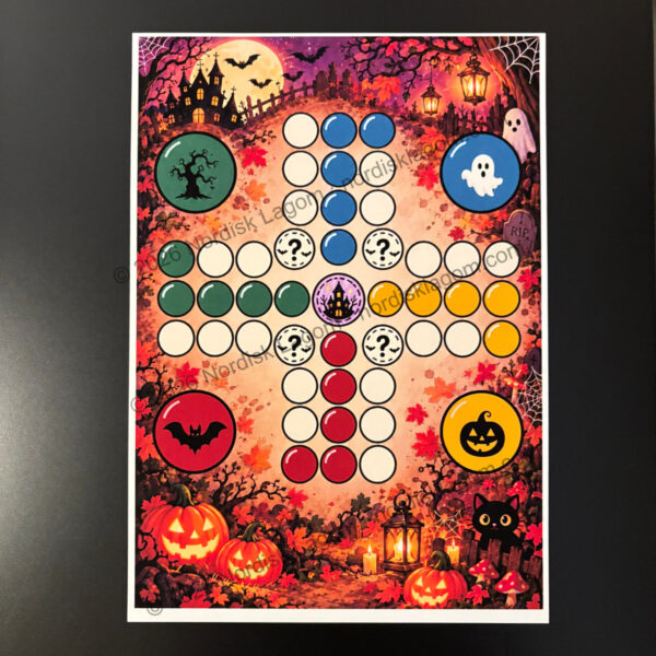 Utskriven spelplan till Fia med Bus Halloween med fyra färgade spelvägar, specialrutor, pumpor, spöken och höstmotiv.