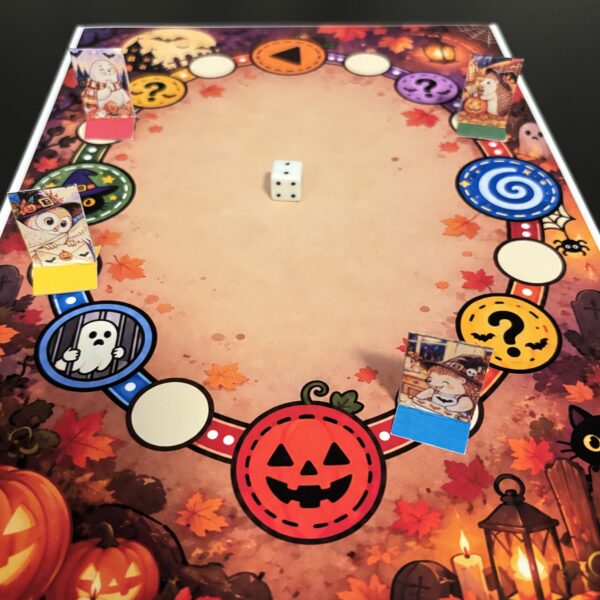 Färgglad spelplan till BOPUDO med Halloweenmotiv, pumpor, spöken och en slingrande spelbana.
