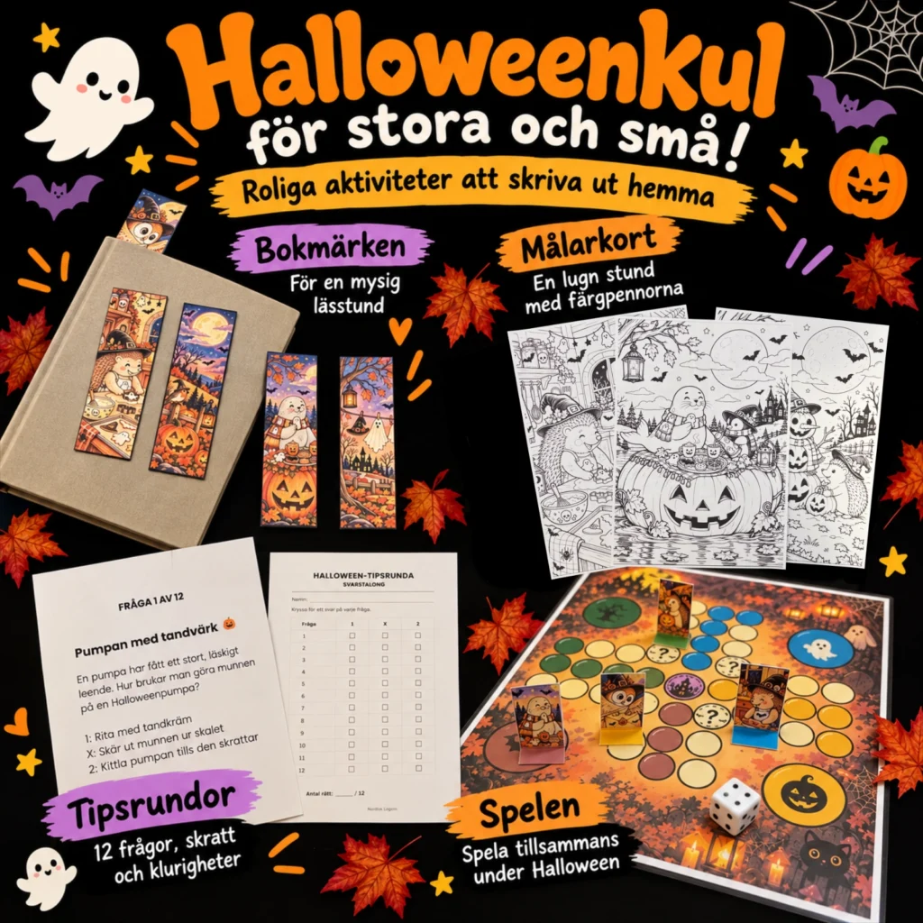 Halloweenkul för stora och små – digitala Halloweenprodukter från Nordisk Lagom. Bokmärken, målarkort, tipsrundor och sällskapsspel med höstliga Halloweenmotiv, färdiga att ladda ner och skriva ut hemma.