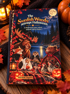 Bokomslag till The Swedish Woods attempt Halloween av Nordisk Lagom. En älg, björn, räv, uggla, igelkott, mus och hönor i Halloweenkostymer samlas i en höstskog med pumpor och fullmåne.