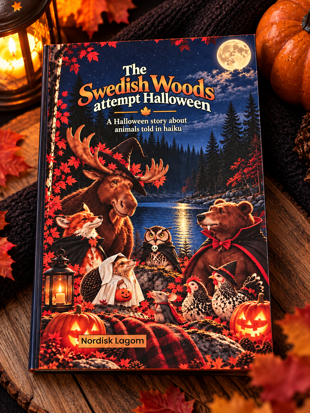 Bokomslag till The Swedish Woods attempt Halloween av Nordisk Lagom. En älg, björn, räv, uggla, igelkott, mus och hönor i Halloweenkostymer samlas i en höstskog med pumpor och fullmåne.